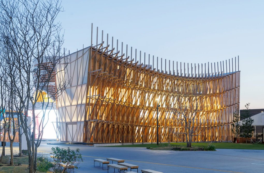 The Bahrain pavilion at Osaka, by Lina Ghotmeh, rises to four storeys, and takes inspiration from dhows and traditional Japanese joinery.