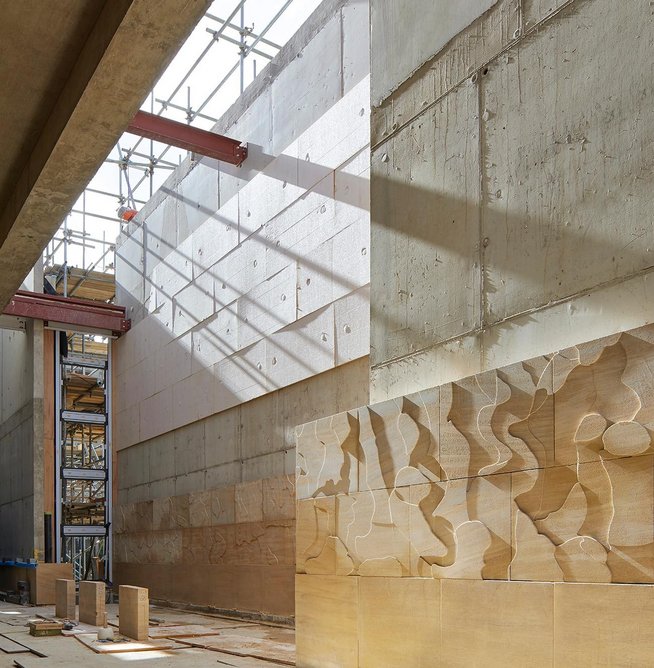Installation of Susanna Heron’s stone relief at the library and study centre at St John’s College, Oxford, designed by Wright & Wright Architects.