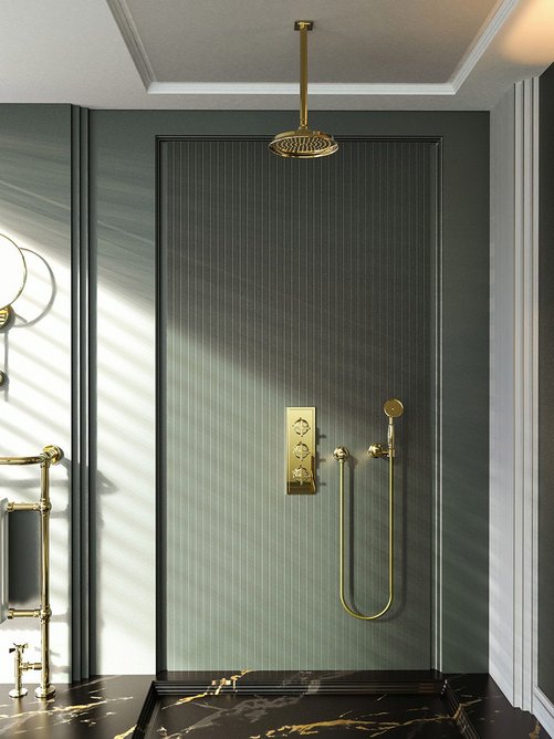 Vignola thermostatic shower with hand shower in Gold finish.