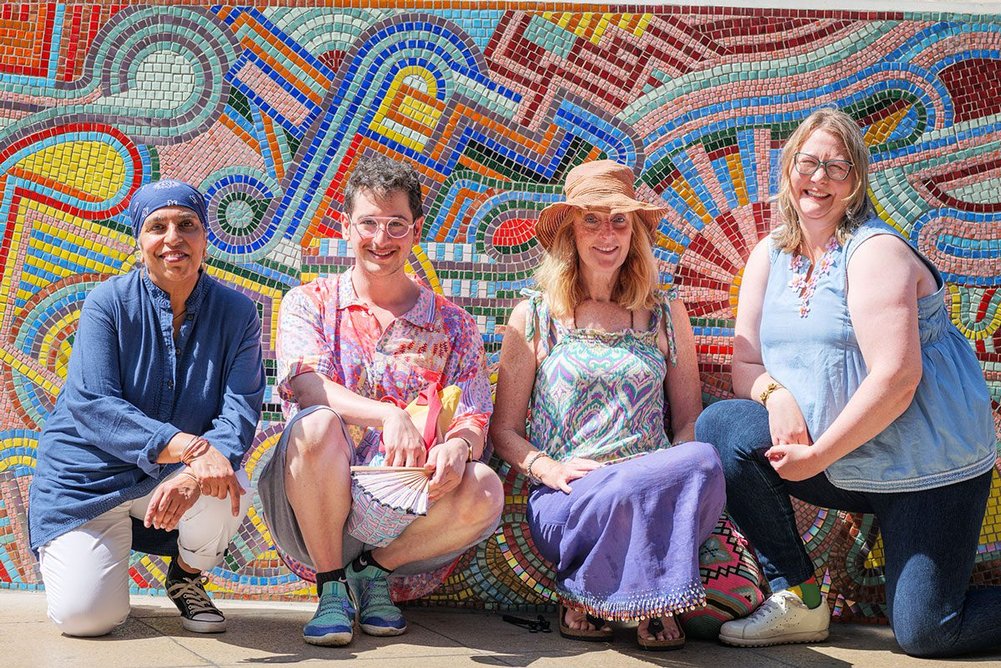 Adam Nathaniel Furman (second left), designer of In a River a Thousand Streams, with Daljit Rai (left), Pip Rowlandson (third left) and Gemma West (right), some of the core volunteers from the London School of Mosaics.