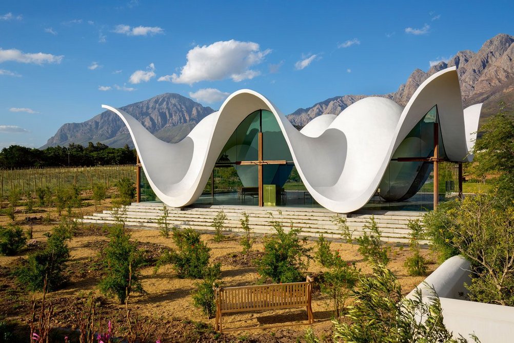 Mountains, wings in flight: the evocative undulations of the chapel’s roof close up.