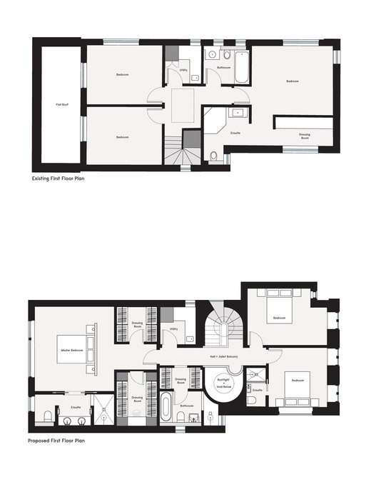 Existing and proposed first floor plan.
