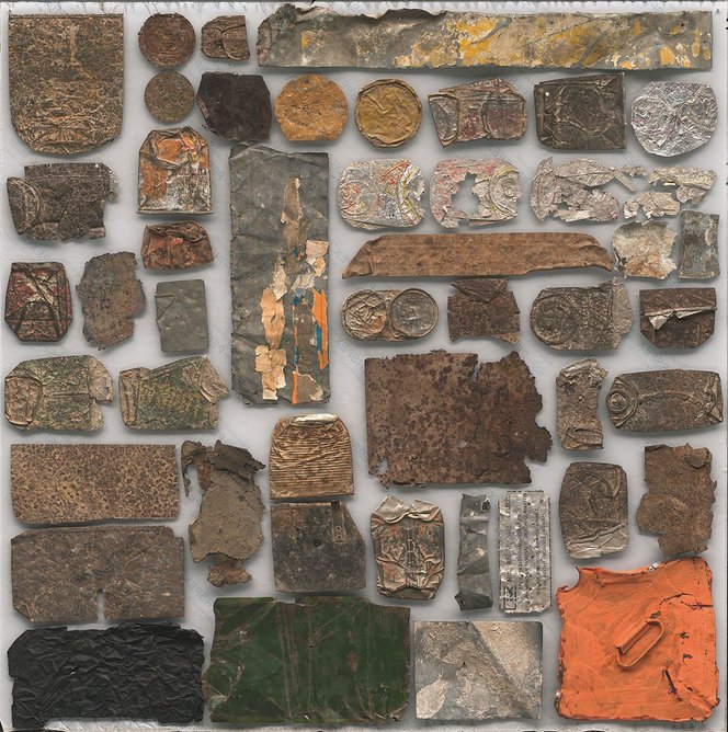 Rena Papaspyrou,  Small Sample from the Urban Landscape 1979, metal pieces on plexiglass. Courtesy of the Onassis Collection.