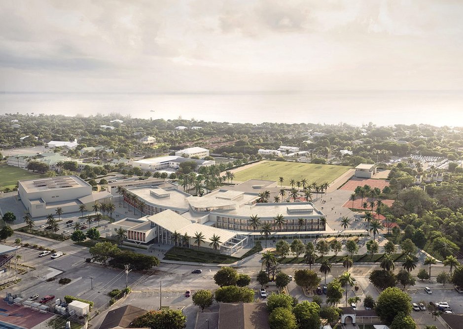 John Gray High School, Grand Cayman.  Before and after – the abandoned shell buildings are repurposed in and connected in the completed high school.