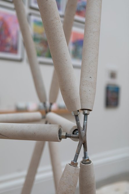 Detail of Stone Space Frame, a post-tensioned stone installation by Webb Yates Engineers, in the architecture section of the Royal Academy of Arts Summer Exhibition. Photo: © Agnese Sanvito