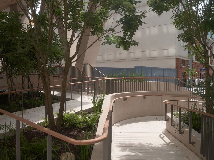 Ramp detail at public realm designed by muf architecture/art for Lynch Architects’ N2 in Victoria, London. Photo: Andy Stagg
