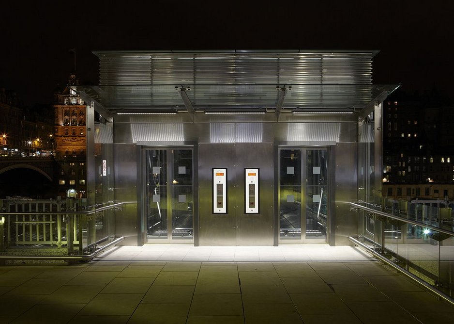A pair of Stannah lifts installed outdoors at Edinburgh Waverley Station.
