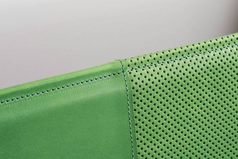 Detail of leather upholstery by Bill Amberg Studio for the KXU London gym in Chelsea.