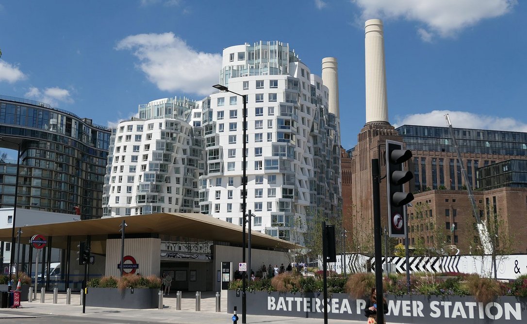 The two Gehry blocks as seen from Grimshaw tube station.