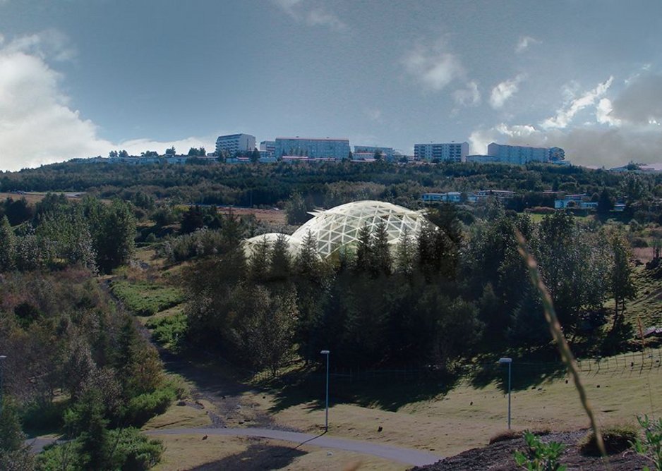 Visualisation of biodome on the edge of Elliðaárdalur Valley.