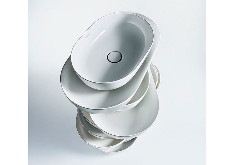 Luv above-the-counter basins are made of DuraCeram, a material that can be used to create particularly precise edges.