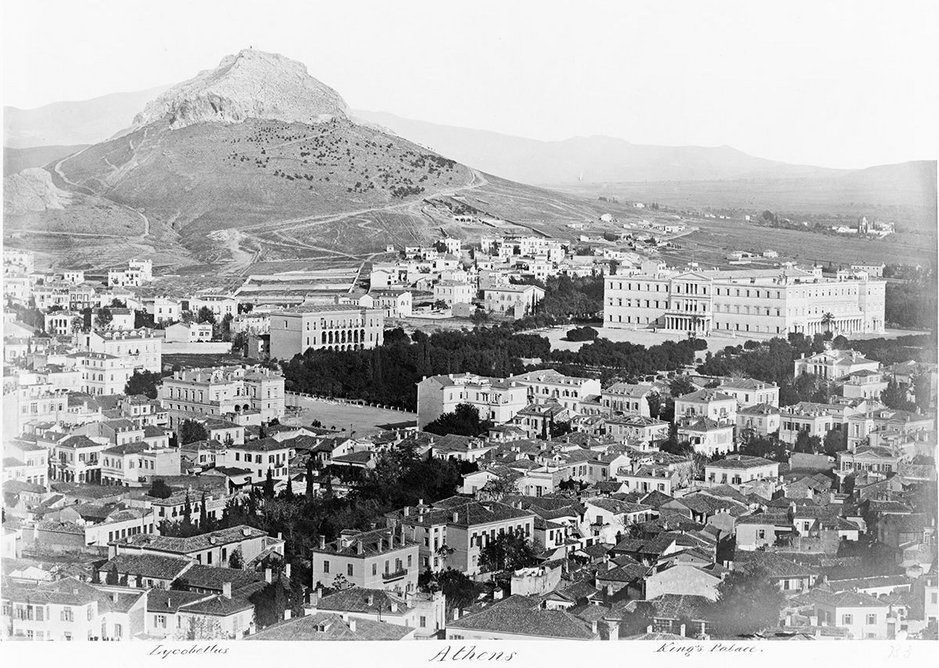 Panoramic view of Athens showing the Old Royal Palace and Mount Lycabettus, taken between 1850 and 1880.