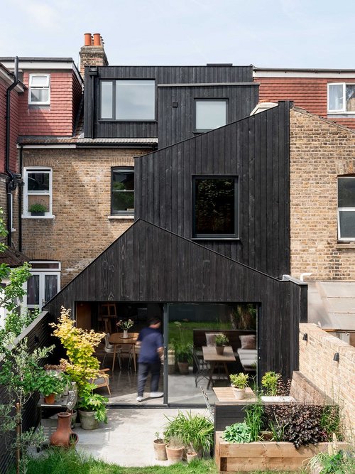 The remodelled Victorian terrace - roofs and angles of the CLT frame in Gresford Architects Copeland Road, Walthamstow.