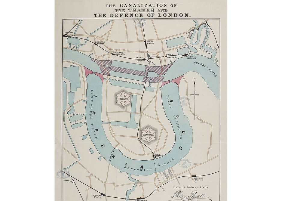 Philip Revell's Plan for The Canalization of the Thames and the Defence of London, c1880 © London Metropolitan Archives.