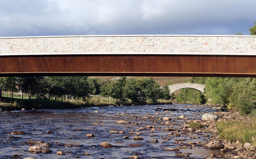 Moxon’s new Gairnshiel Bridge with the original behind in Scotland's Cairngorms National Park.