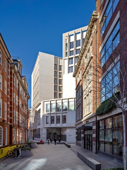 Grafton Architects hides the scale of its Marshall Building by taking advantage of the LSE’s campus of streets – here it is glimpsed from John Watkins Plaza.