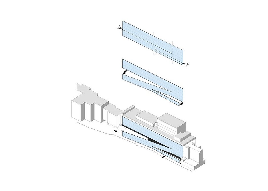 How the facade peels away to bring coherence to the street.