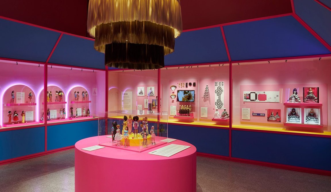 A chandelier of Barbie hair features in the installation design of  Barbie®: The Exhibition at the Design Museum.