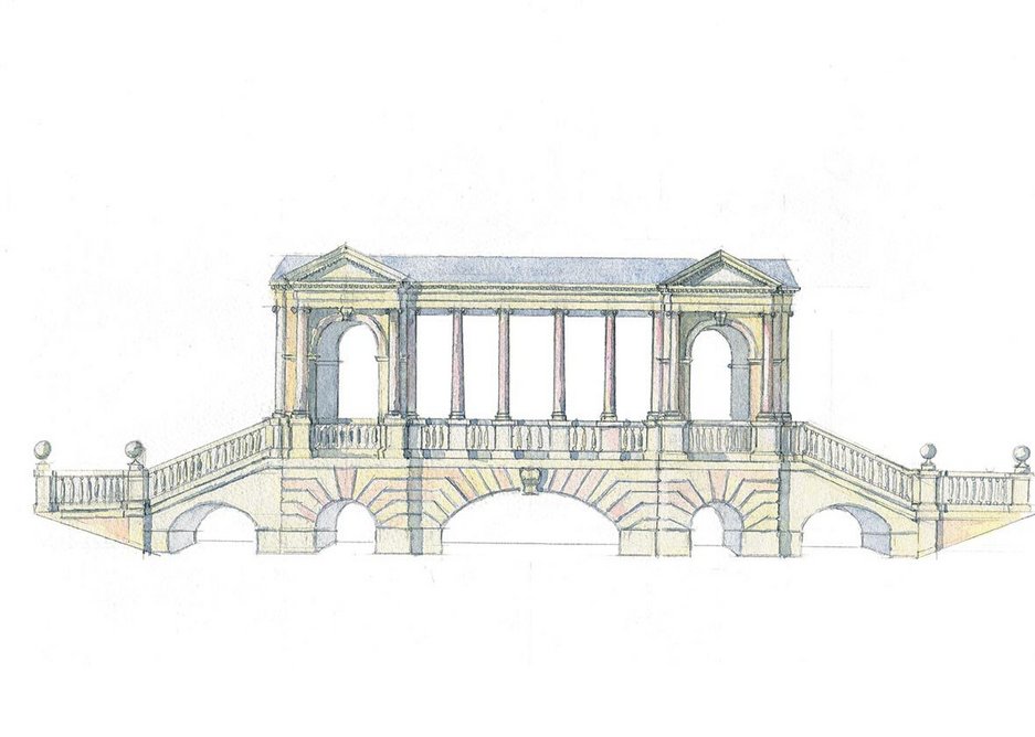 The Palladian Bridge, Prior Park, Bath, described by the author as ‘an aquatic ha-ha’ that acts as a threshold between the rural and the urban. Sketch by Rory Fraser.