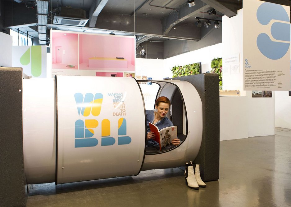 Making Wellbeing exhibition at the Building Centre. The installation includes a relaxation pod by PodTime, designed for various applications including offices, airports and hostels.