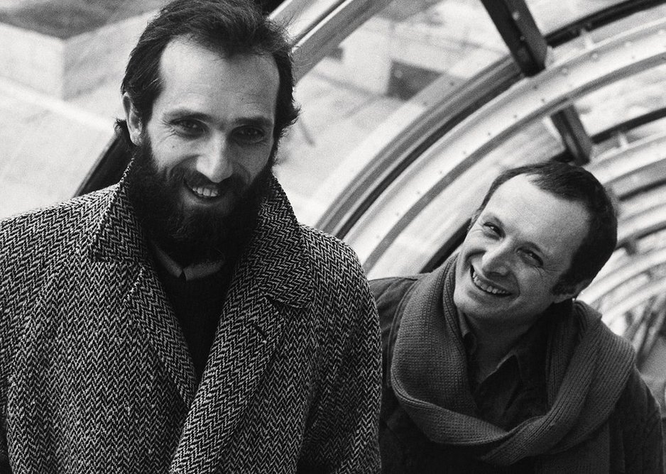 Richard Rogers and Renzo Piano on the escalators at Centre Pompidou in 1977.
