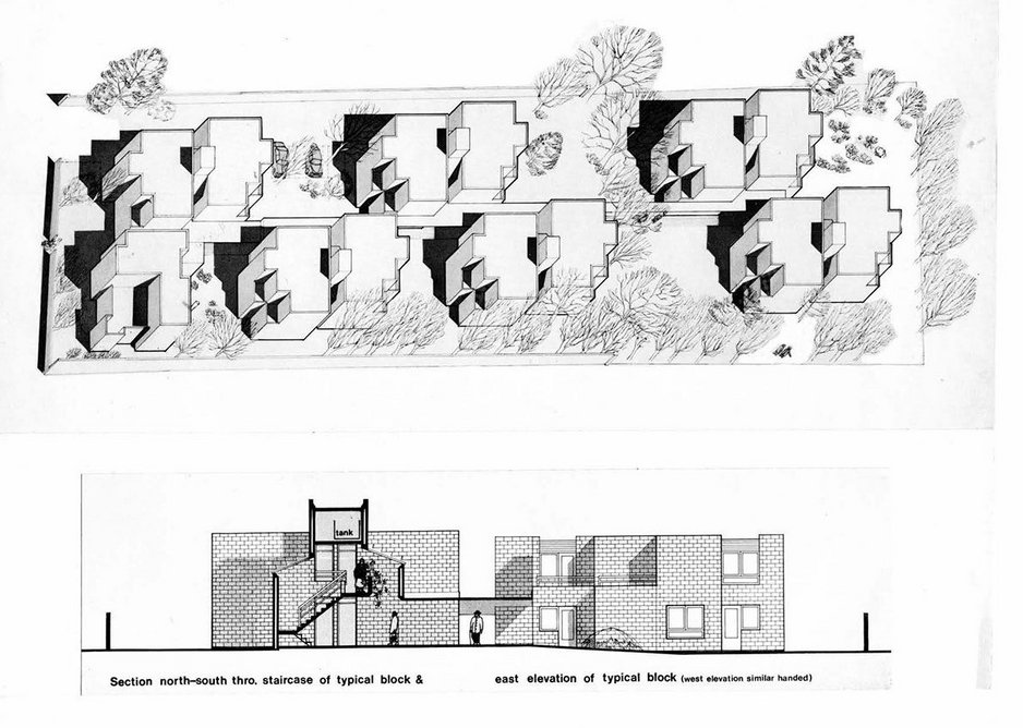 Macintosh Court axonometric and section, designed by Kate Macintosh when at London Borough of Lambeth’s architecture department.