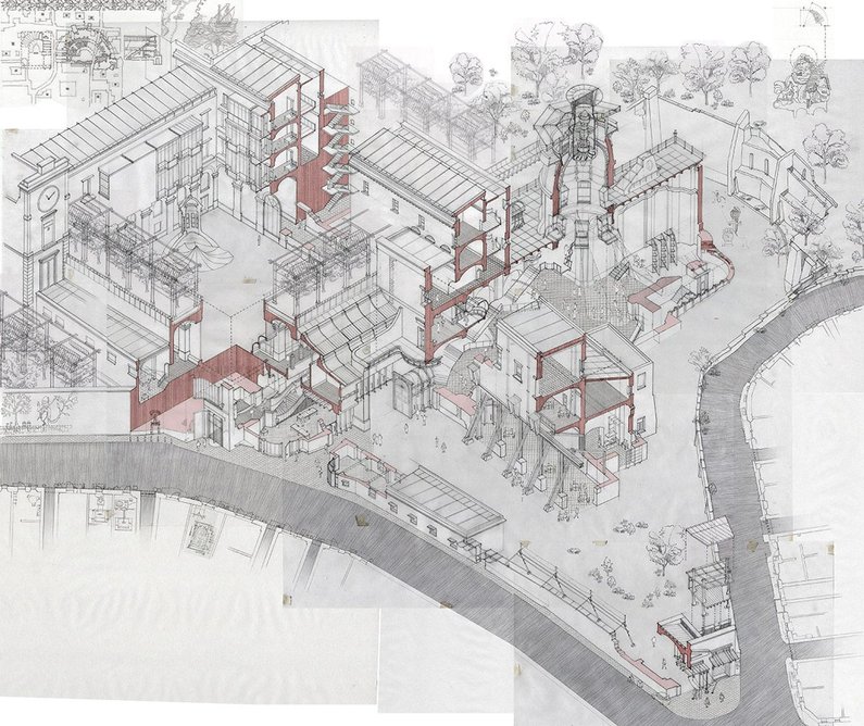 The Exquisite Corpse of Saint Vitus – Axonometric. 594 mm by 841 mm. Pencil on paper, Photoshop