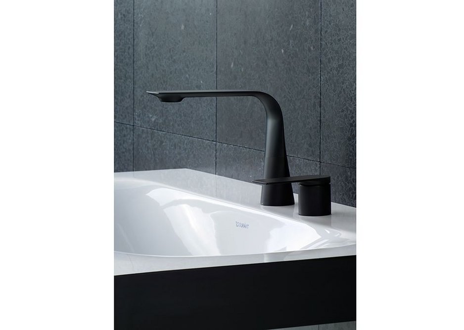 Duravit's D.1 tap features a single-lever handle that mirrors the form of the flat outlet.