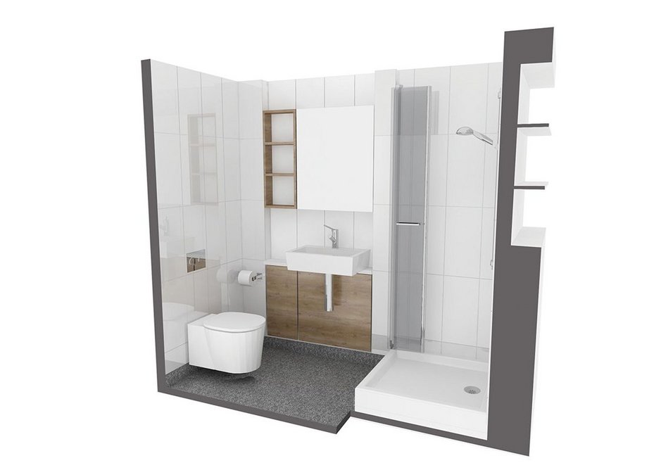 Prefabricated bathroom pods as visualised above were manufactured by Offsite Solutions and brought down and installed on site.