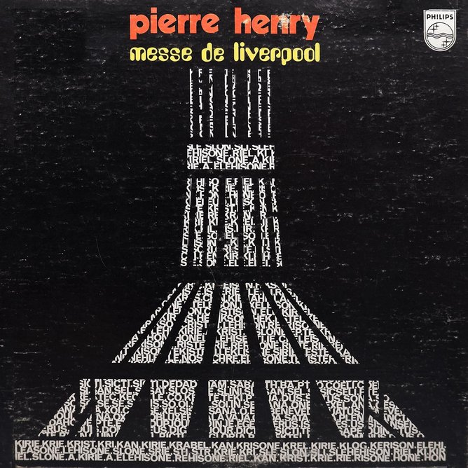 Frederick Gibberd’s Metropolitan Cathedral in Liverpool, rendered in typography for the cover of Pierre Henry – Messe De Liverpool, 1970.