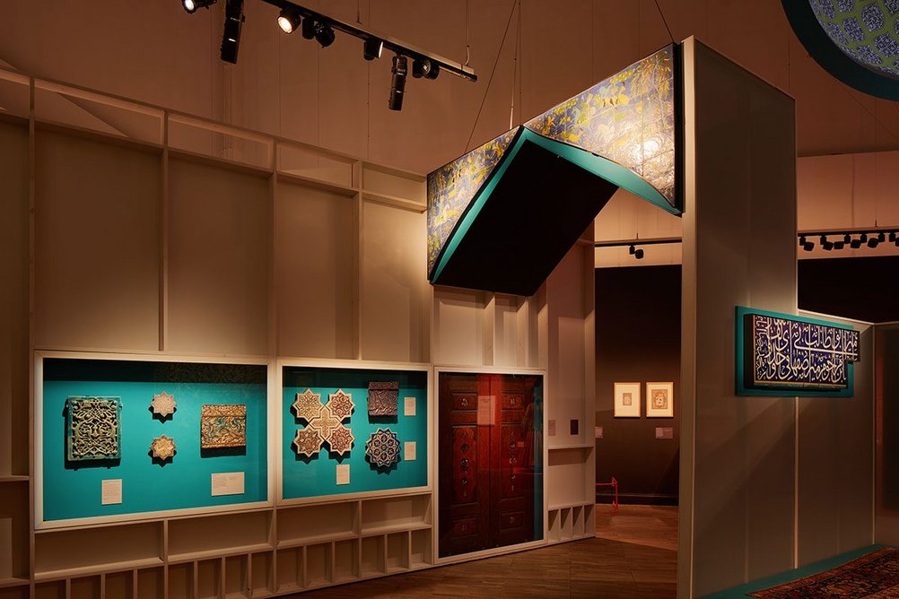 Installation view of Epic Iran, an exhibition designed by Gort Scott at the V&A, London.