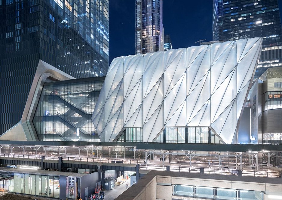 Evening View of The Shed from 30th Street, New York, an expandable performance centre designed by Diller Scofidio + Renfro and Rockwell Group.