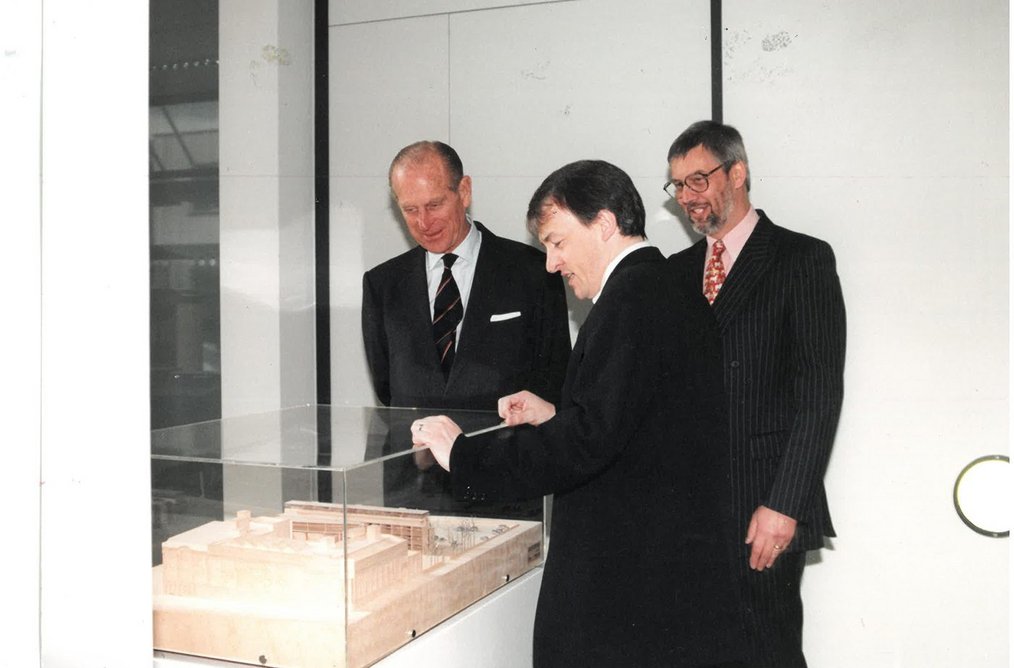 Stephen Hodder with the Duke of Edinburgh, taken at the opening of the Centenary Building in Salford.