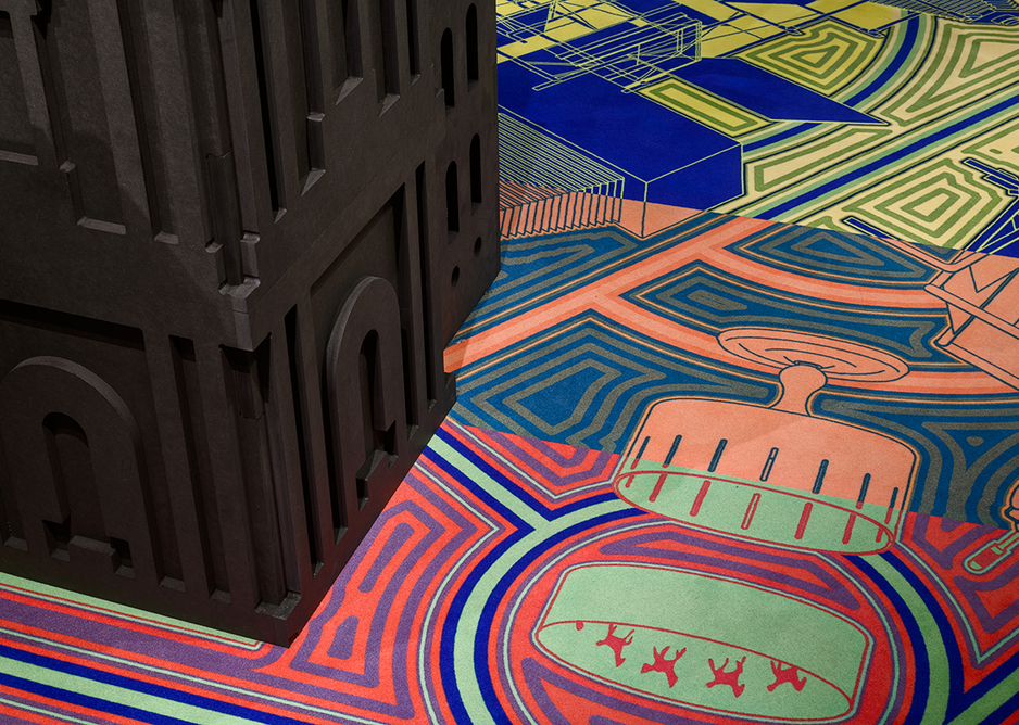 Detail of the carpet at the Freestyle exhibition, which is patterned with media innovations from the last 500 years that have influenced the development of architectural styles.
