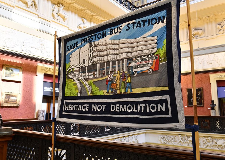 Save Preston Bus Station Banner, designed by Ed Hall for the campaign to prevent the bus station's demolition.