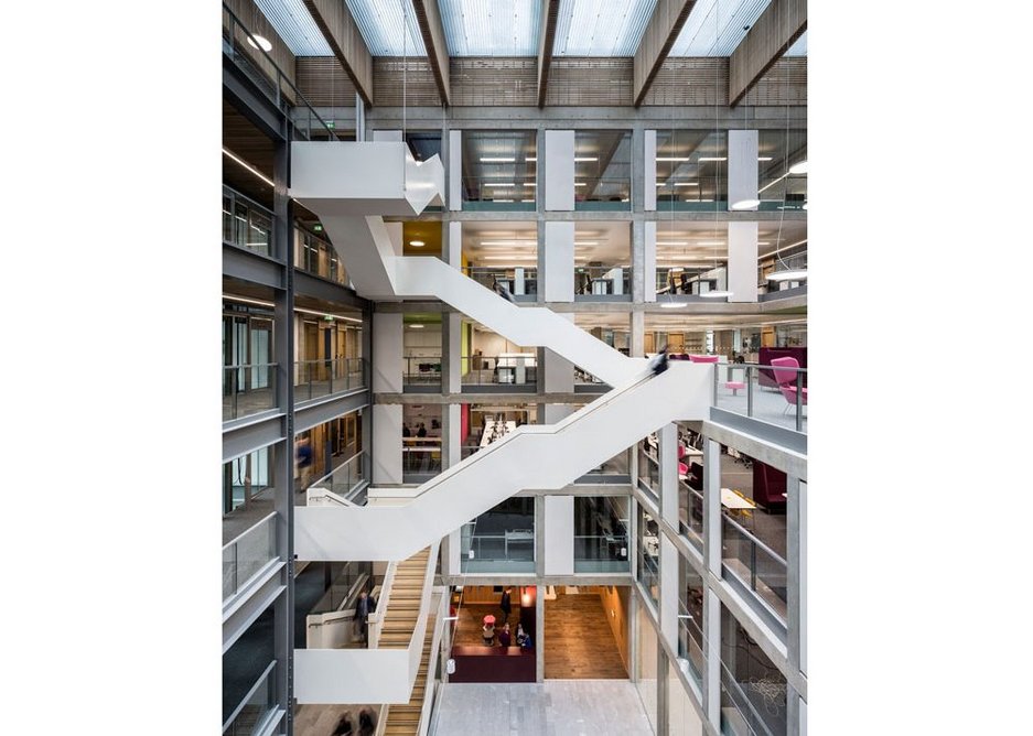 Atrium of Bayes Centre (2019) for academics and students working in the fields of Data Technology, Design Informatics, Maths and Robotics with industrial collaborators at the University of Edinburgh. The second phase was informed by a full post occupancy study.