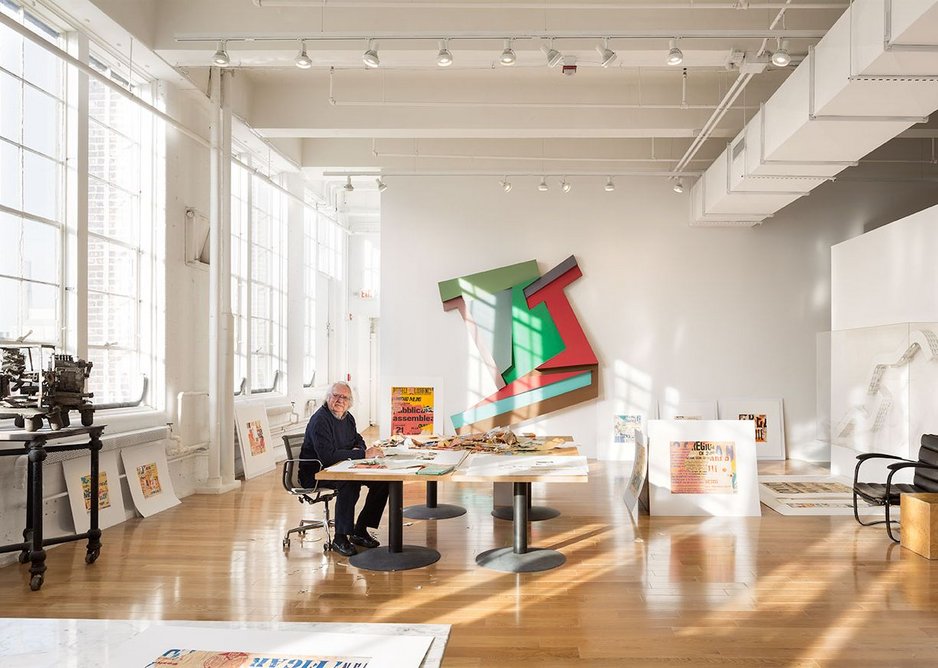 Richard Meier in his studio, with Frank Stella’s artwork on the wall. Courtesy Richard Meier & Partners Architects.