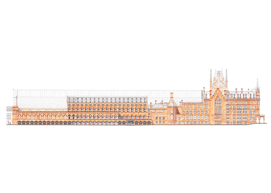 The Griffiths elevation of the Midland Road elevation of the St Pancras Hotel extension.
