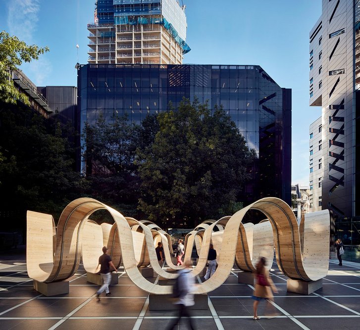 Please Be Seated designed by Paul Cocksedge with Arup reuses scaffolding to create an outdoor seating place at Finsbury Avenue Square.