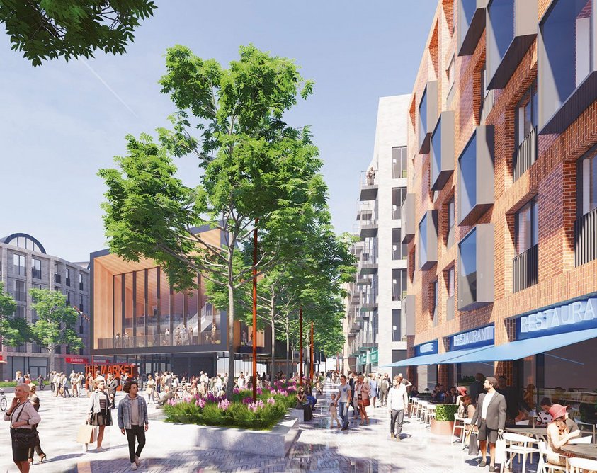 Capital & Centric’s £27 million proposal for Farnworth market in Bolton. A key part of the local council’s town centre masterplan, the BDP design would see the site transformed into a mixed-use community with 200 homes, with a public square, market, gallery and other community uses.