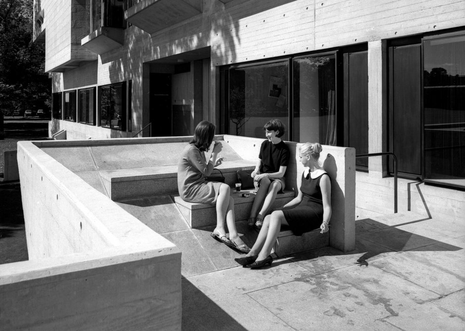 Students sun themselves at the brand-new Berkeley Library in 1967.