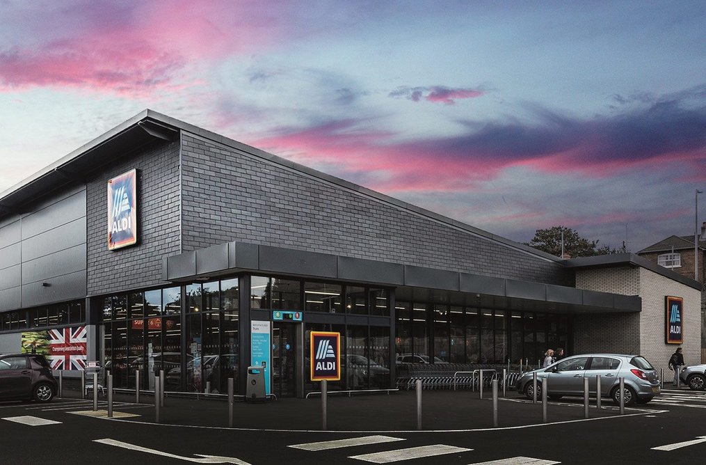 Cupaclad 101 Logic at Aldi store in Truro, Cornwall. The ventilated rainscreen cladding facade uses invisible fixings.