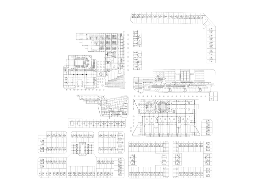 The layers of designing and imagining inhabitation, here at Red Location, starting with the buildings on layer 1.