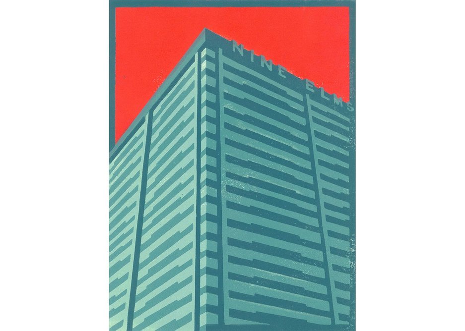 Nine Elm Cold Store, a linocut by Paul Catherall. This was one of the first Brutalist buildings tackled by the illustrator.
