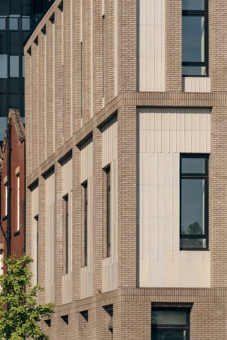 The facade of the new extension to Oddfellows Hall features Vandersanden’s Berit waterstruck facing bricks (seen in the foreground). The refurbished, grade II listed Oddfellows Hall is just seen on the left of picture. The buildings on Upper Brook Street and York Street (seen in the background), feature Vandersanden’s Herning waterstruck bricks.