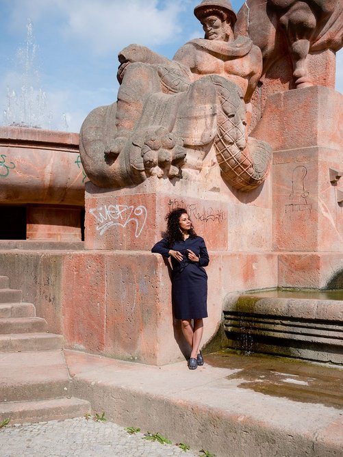 Kundoo at the 1933 ‘Bull Fountain’ in Berlin’s Arnswalder Platz, near her office. Kundoo earned her doctorate at TU Berlin and the city is home to her and her family.