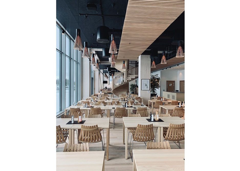 Mjøstårnet interior, timber elements and furniture carried through the design.