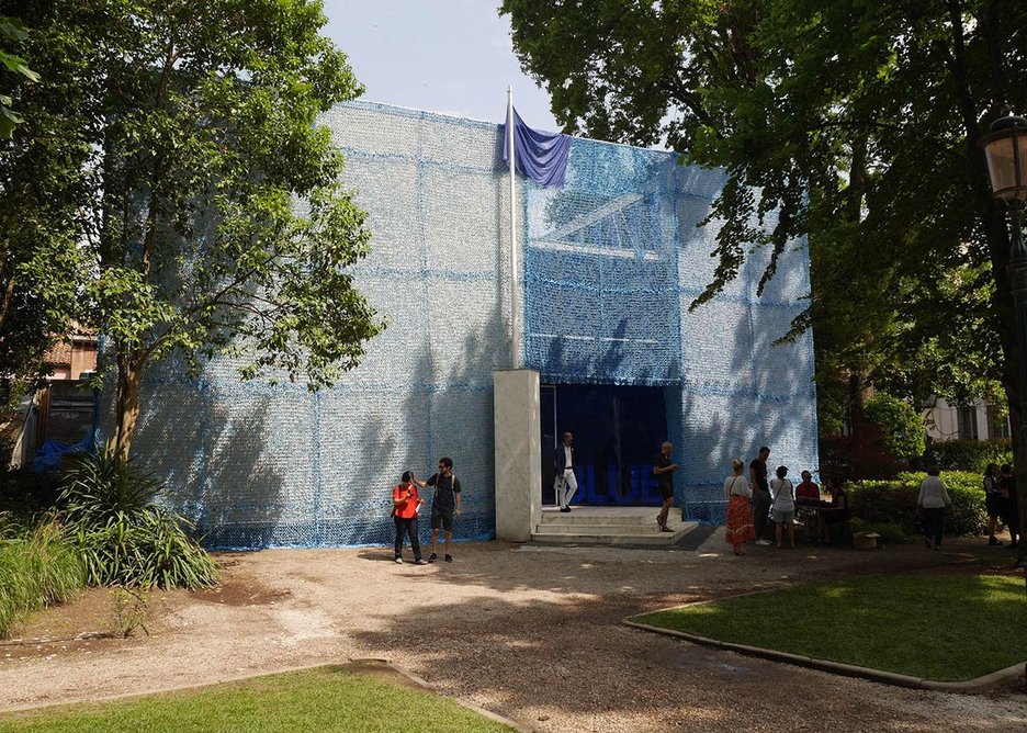 The Dutch turn their pavilion into Blue, a UN peacekeeping outpost.