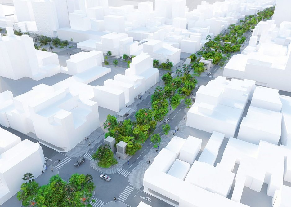 MVRDV visualisation showing the relationship of its intervention on the Haian Rd, right, with the new park area, top left.