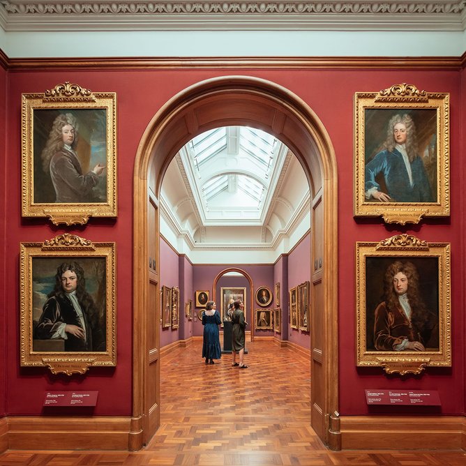 Refurbished gallery, with Gainsborough wall-covering at the National Portrait Gallery, part of the rejuvenation by Jamie Fobert Architects and Purcell.